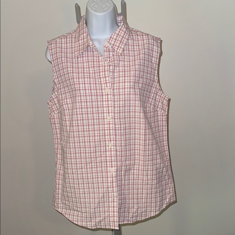 L.L. Bean White and Pink Plaid Sleeveless Button-Down Shirt